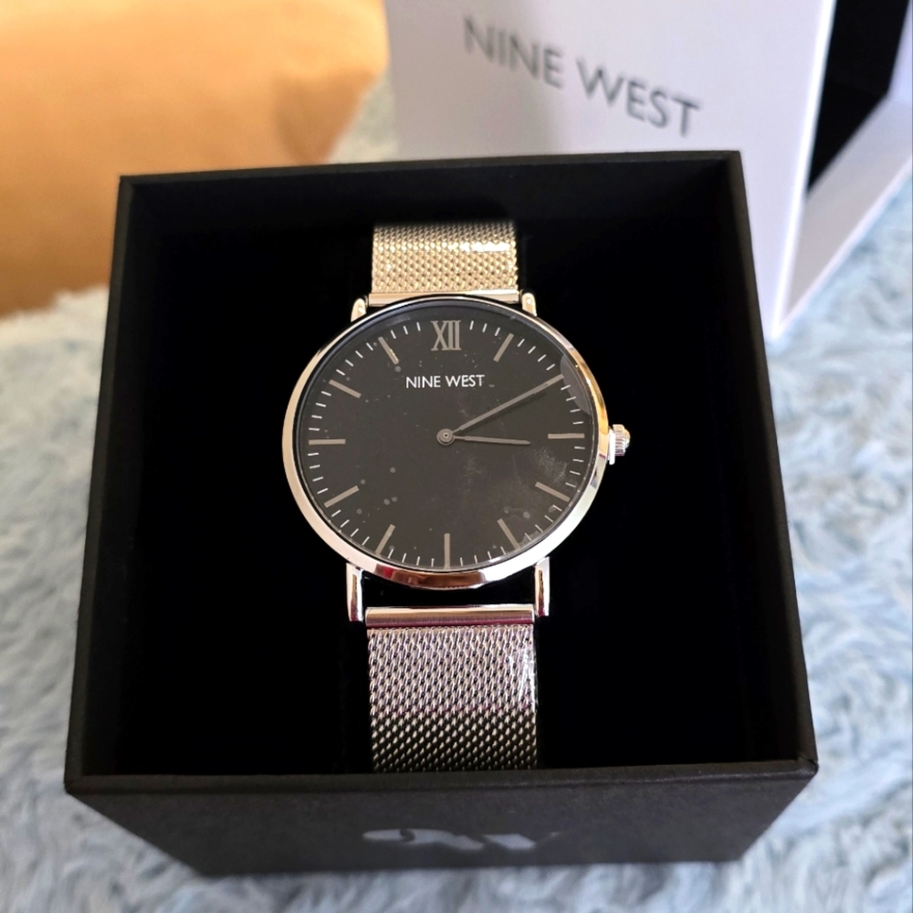 Nine West Silver and Black Mens Watch with Mesh Band